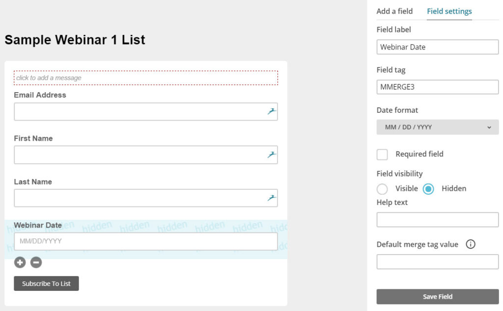 Hidden field in Mailchimp signup form